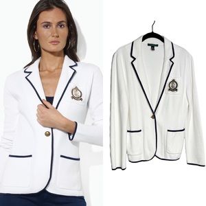 Ralph Lauren White Ponte Knit Crest Embroidered Blazer L